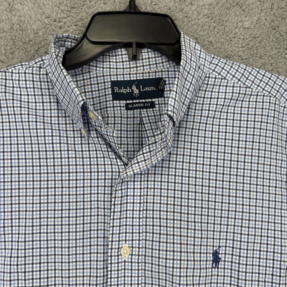 Ralph Lauren Button Down Shirt Mens 16.5 32/33 Blue Check Classic Fit L/S